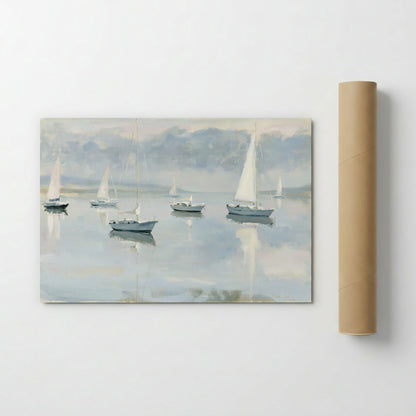 a serene scene of sailboats gently floating on a calm body of water, with a hazy, dreamy atmosphere.