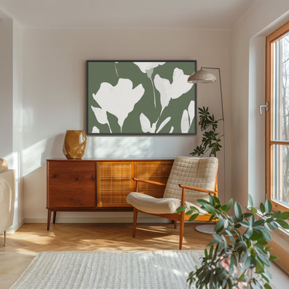 Verdal canvas print with ivory floral silhouettes on muted olive background in modern living room setting