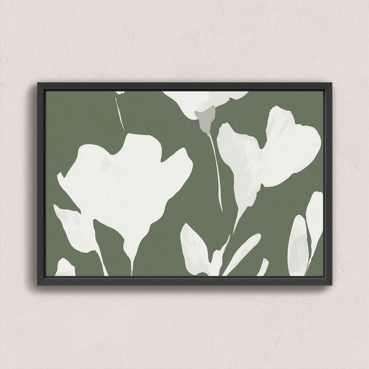 Verdal canvas print with ivory floral silhouettes on muted olive background in black frame
