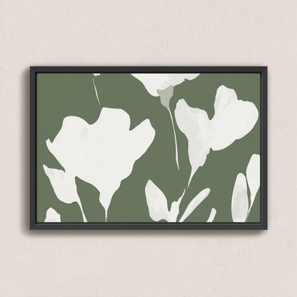 Verdal canvas print with ivory floral silhouettes on muted olive background in black frame