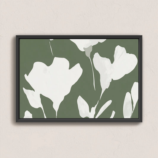 Verdal canvas print with ivory floral silhouettes on muted olive background in black frame