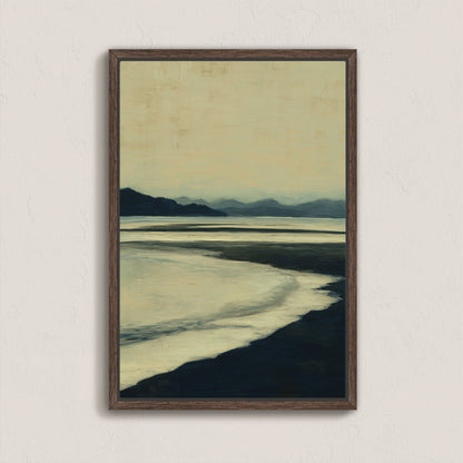 Echoes Canvas Print featuring hazy blues and ochre shoreline at dusk in a wooden frame
