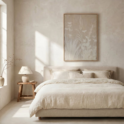 a serene and minimalist bedroom with a large bed, a wooden nightstand, and a framed artwork featuring a floral design on the wall.