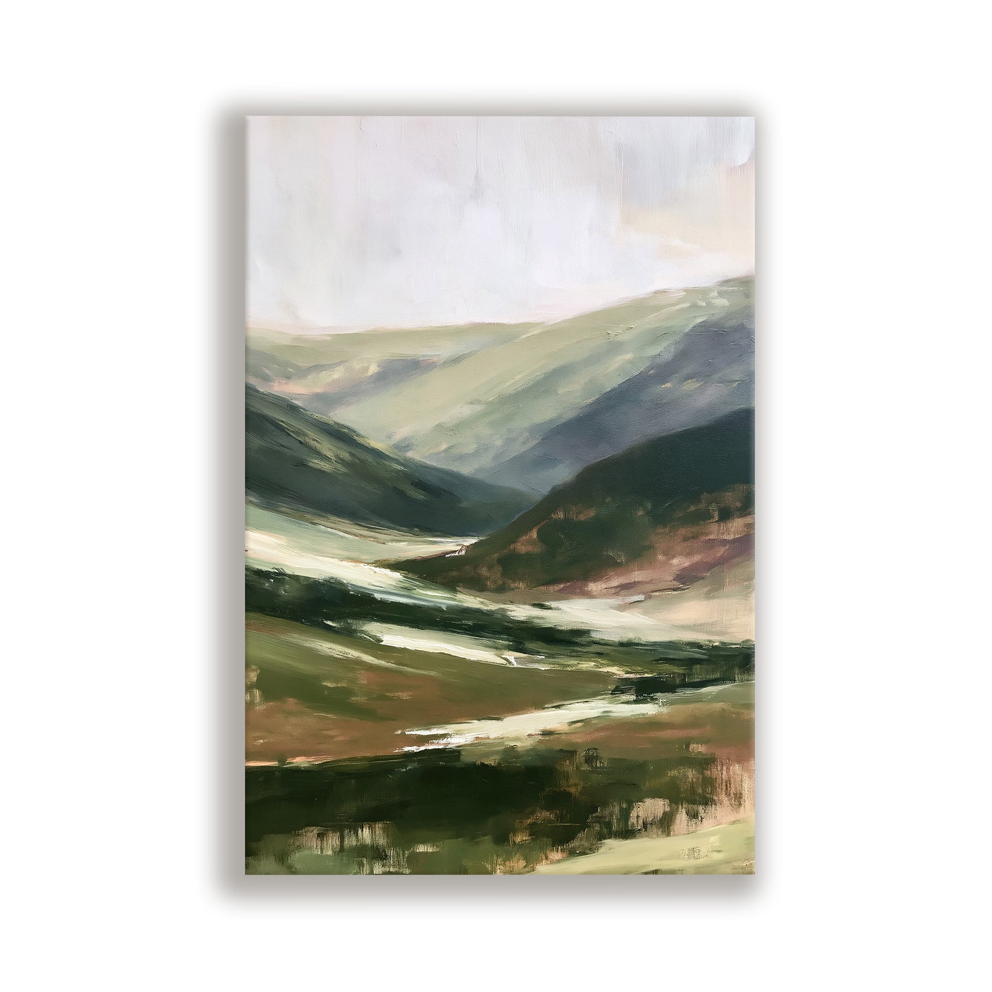 The image is an abstract landscape painting depicting a mountainous terrain with rolling hills and valleys.