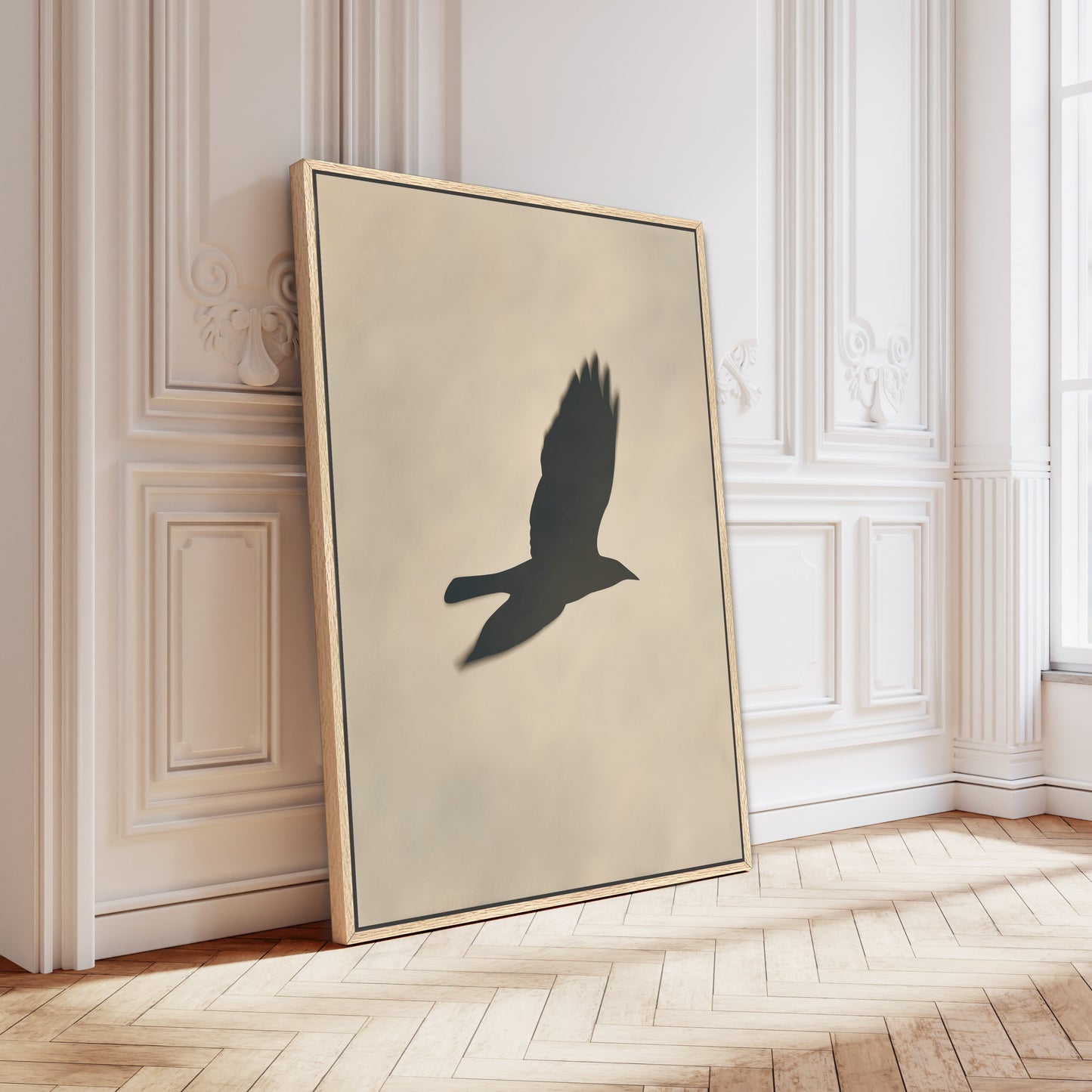 Soar Canvas Print featuring a minimalist bird silhouette in soft neutral tones, perfect for modern interiors.