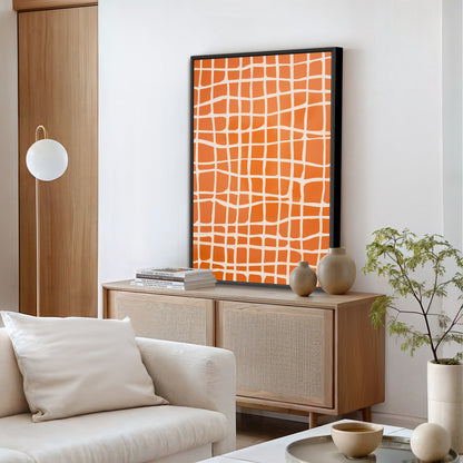 a modern living room with a large orange and white abstract painting on the wall, a white sofa, a wooden sideboard, and a potted plant.