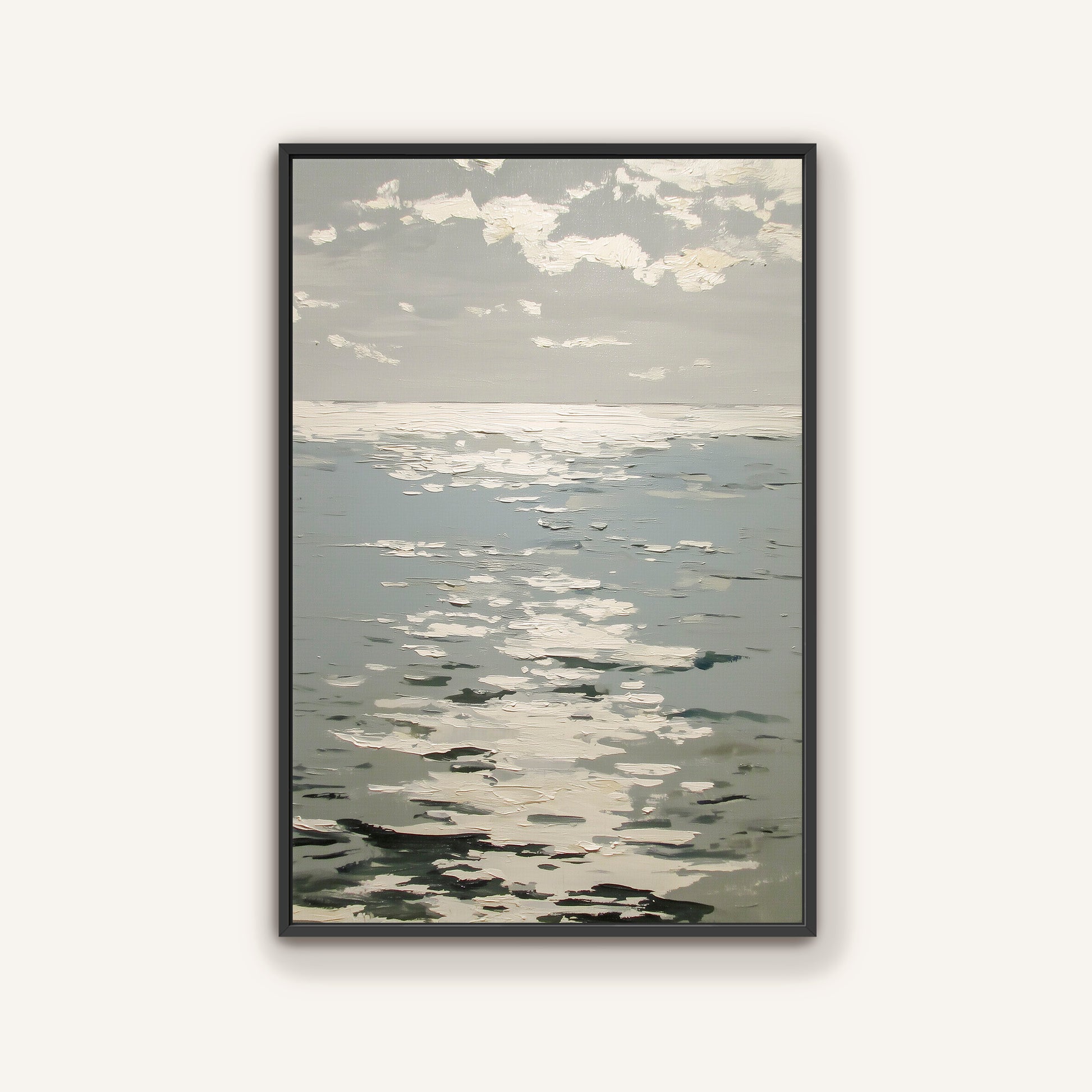 The image is a framed painting depicting a serene ocean scene with a cloudy sky above.