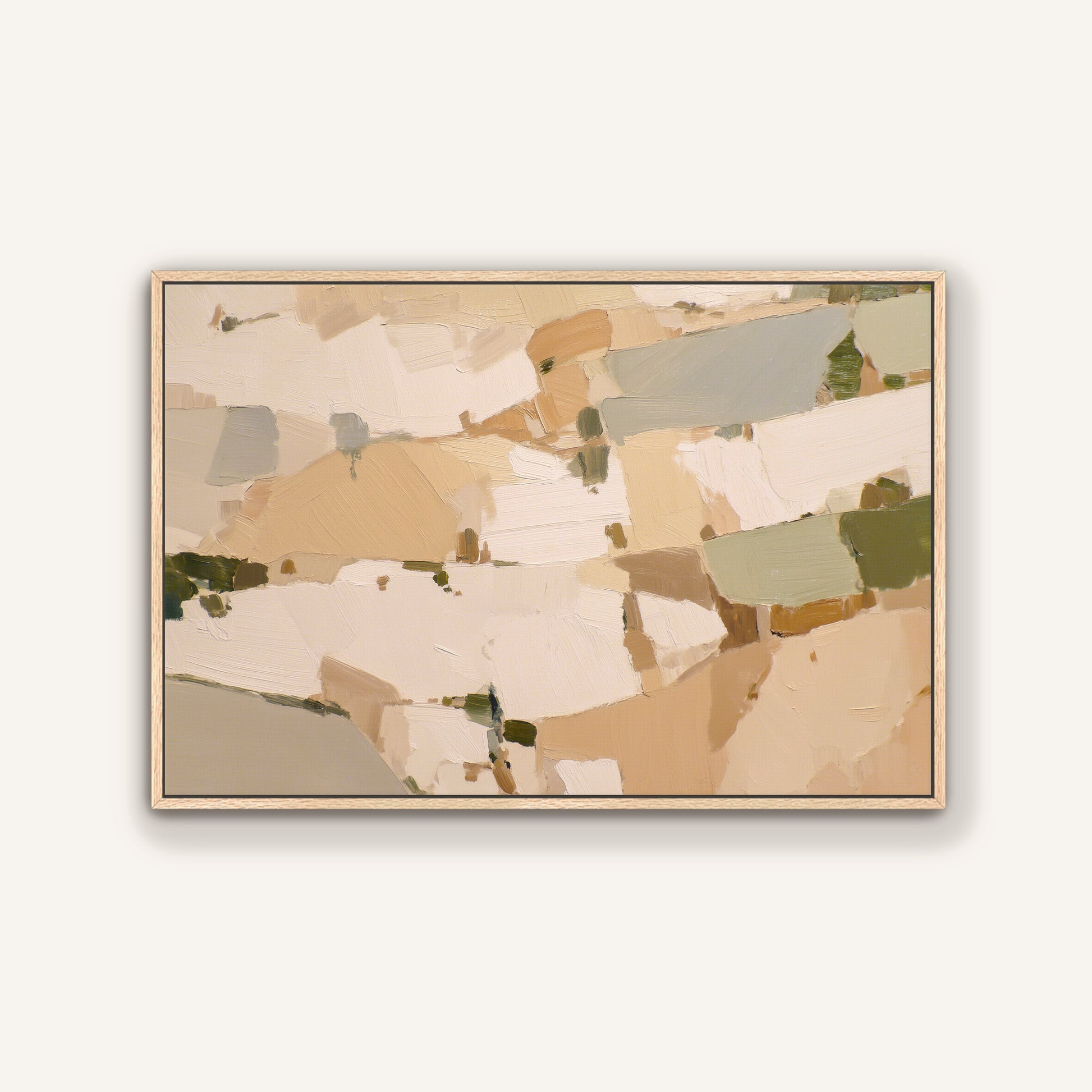 The image is a framed abstract painting with a predominantly beige and brown color palette. The painting features various shapes and textures, creating a visually interesting and dynamic composition.