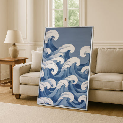 a large framed artwork depicting a blue wave design on a wall in a living room setting.
