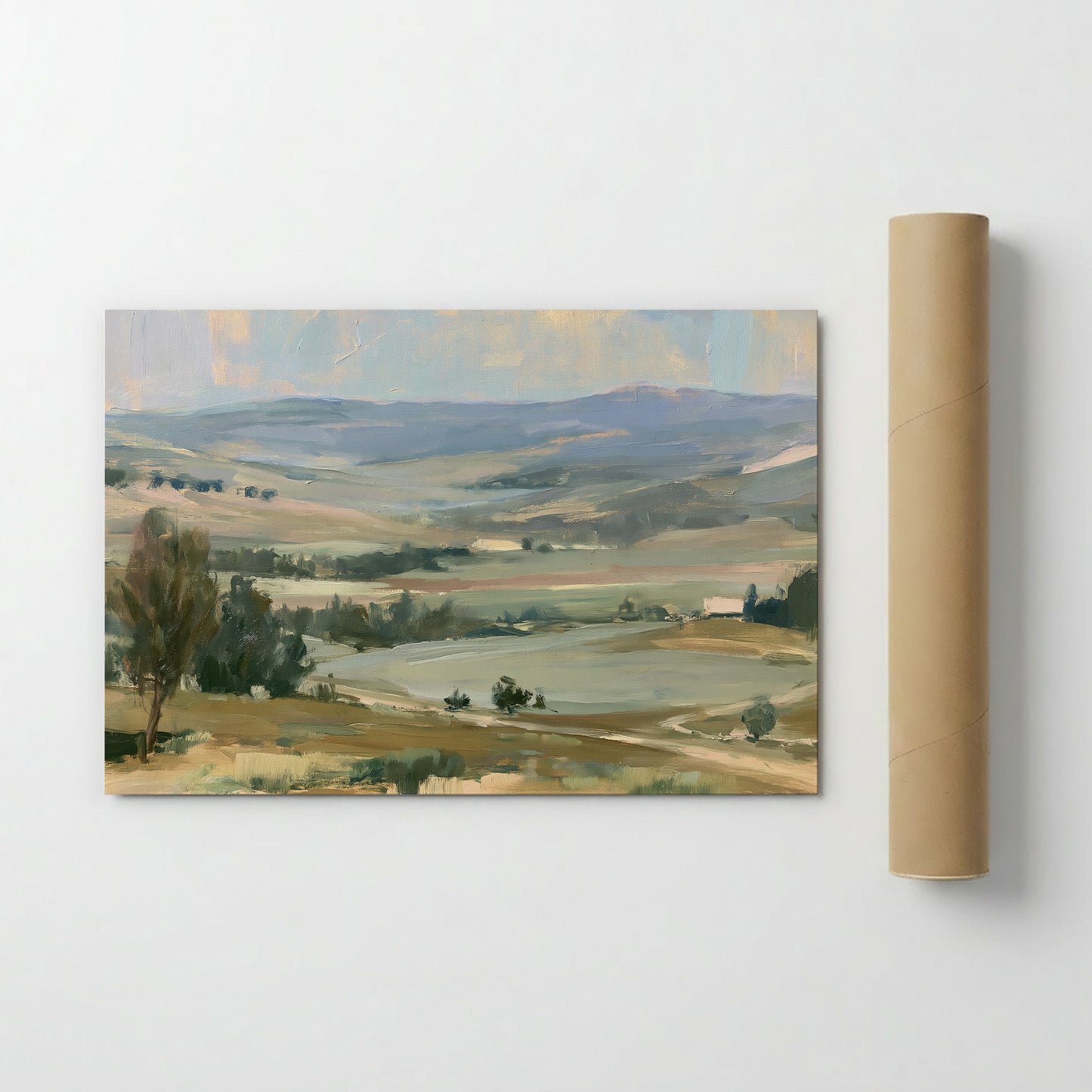 The image is a landscape painting depicting a serene countryside scene with rolling hills, trees, and a winding path.