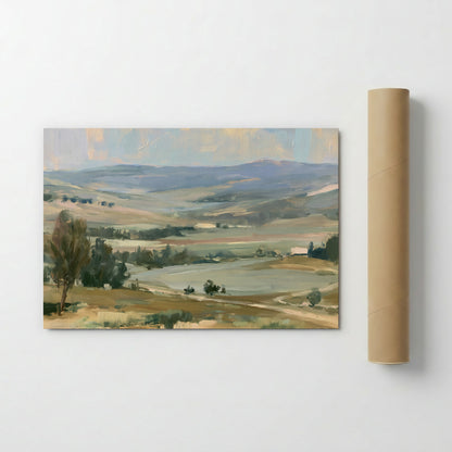 The image is a landscape painting depicting a serene countryside scene with rolling hills, trees, and a winding path.