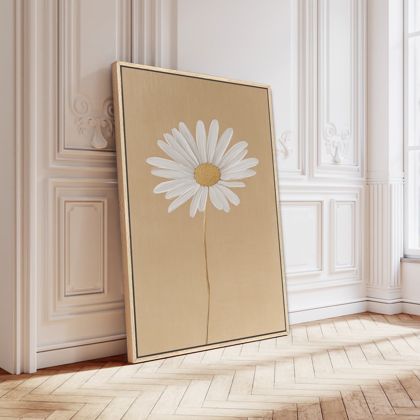 'Bloom' canvas print of a white daisy on golden beige background with modern minimalist style and black frame.