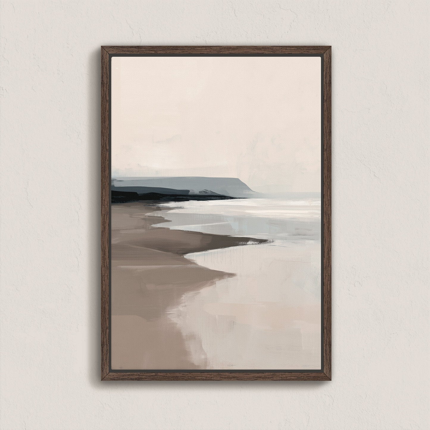 Mel Canvas Print of serene beige and gray coastal seascape with wooden frame