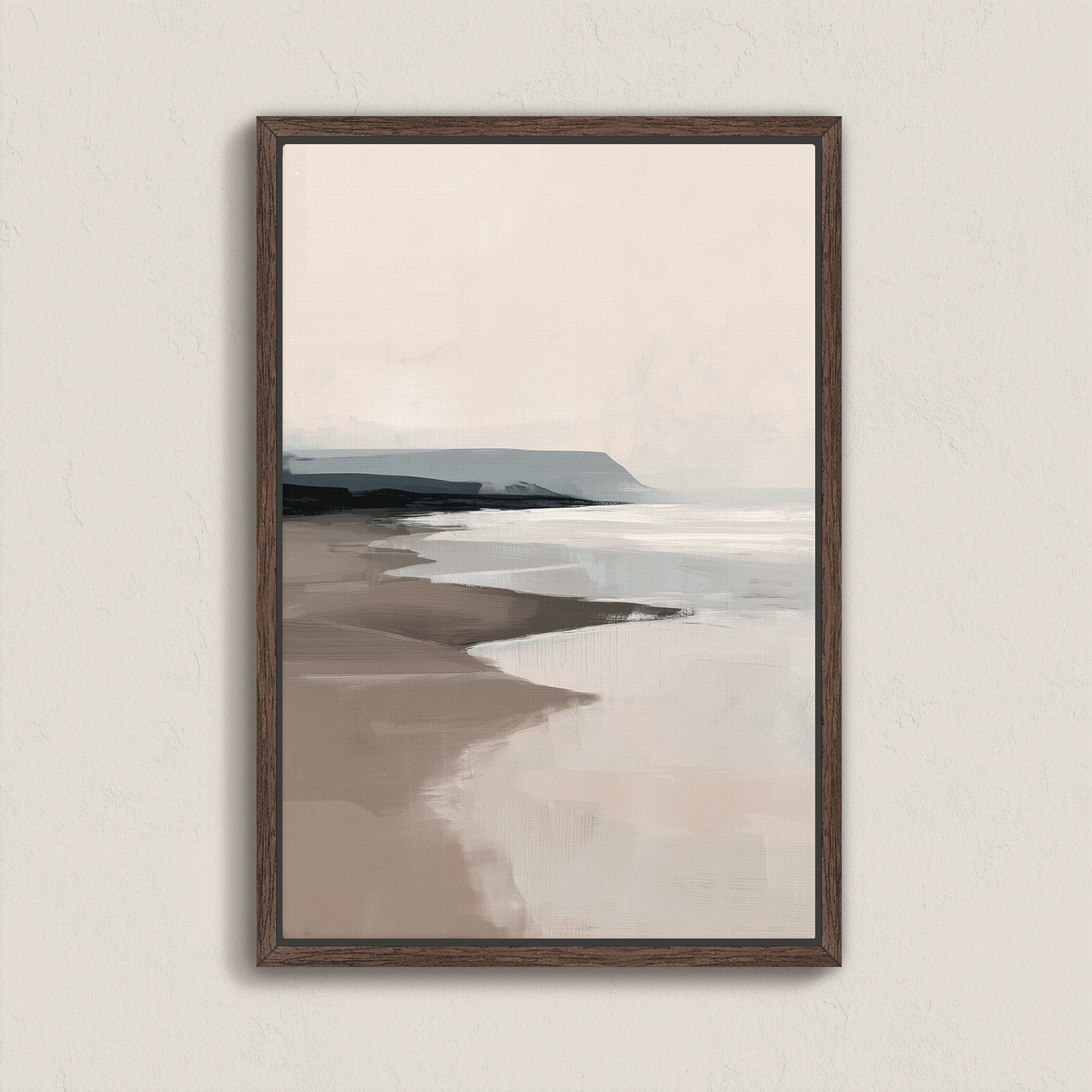 Mel Canvas Print of serene beige and gray coastal seascape with wooden frame