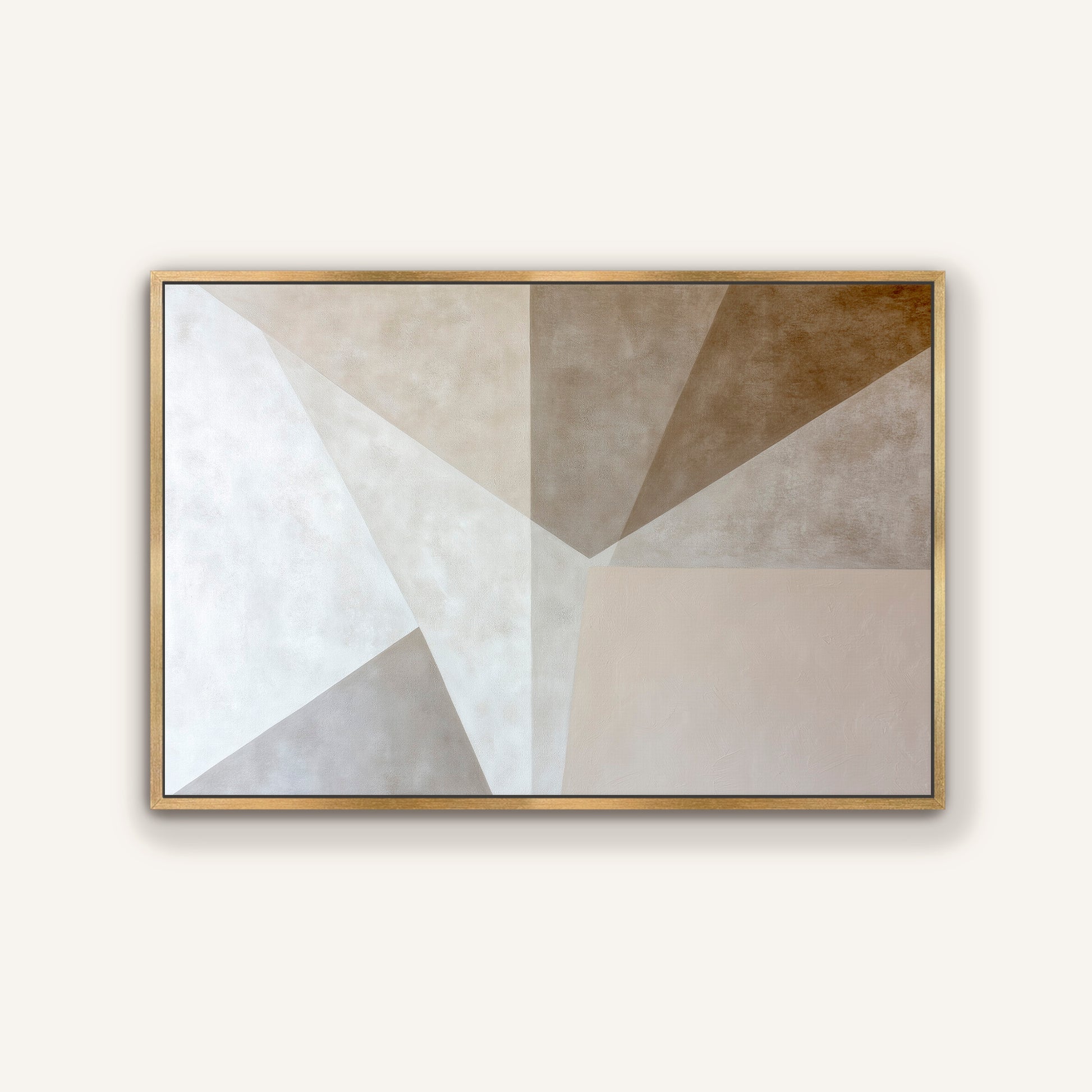 The image is a rectangular abstract artwork with a geometric design composed of various shades of gray and beige.