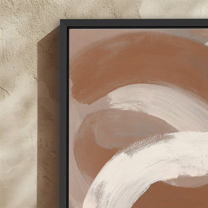 Current Canvas Print with abstract taupe, ivory, and sienna brushstrokes in a black frame on textured wall
