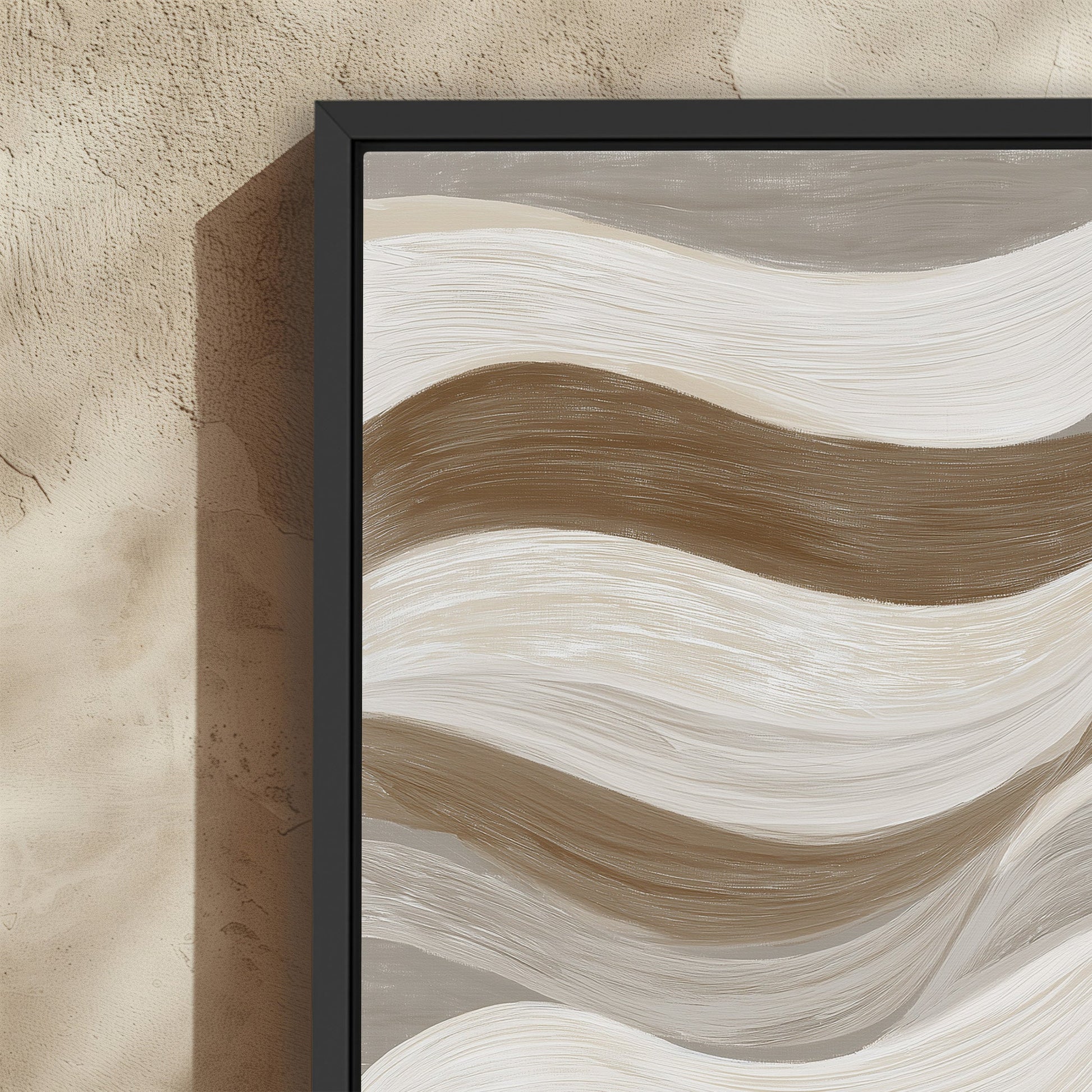 Abstract Flux canvas print with cream, taupe, and clay brushstrokes in a black frame, perfect for contemporary interiors.