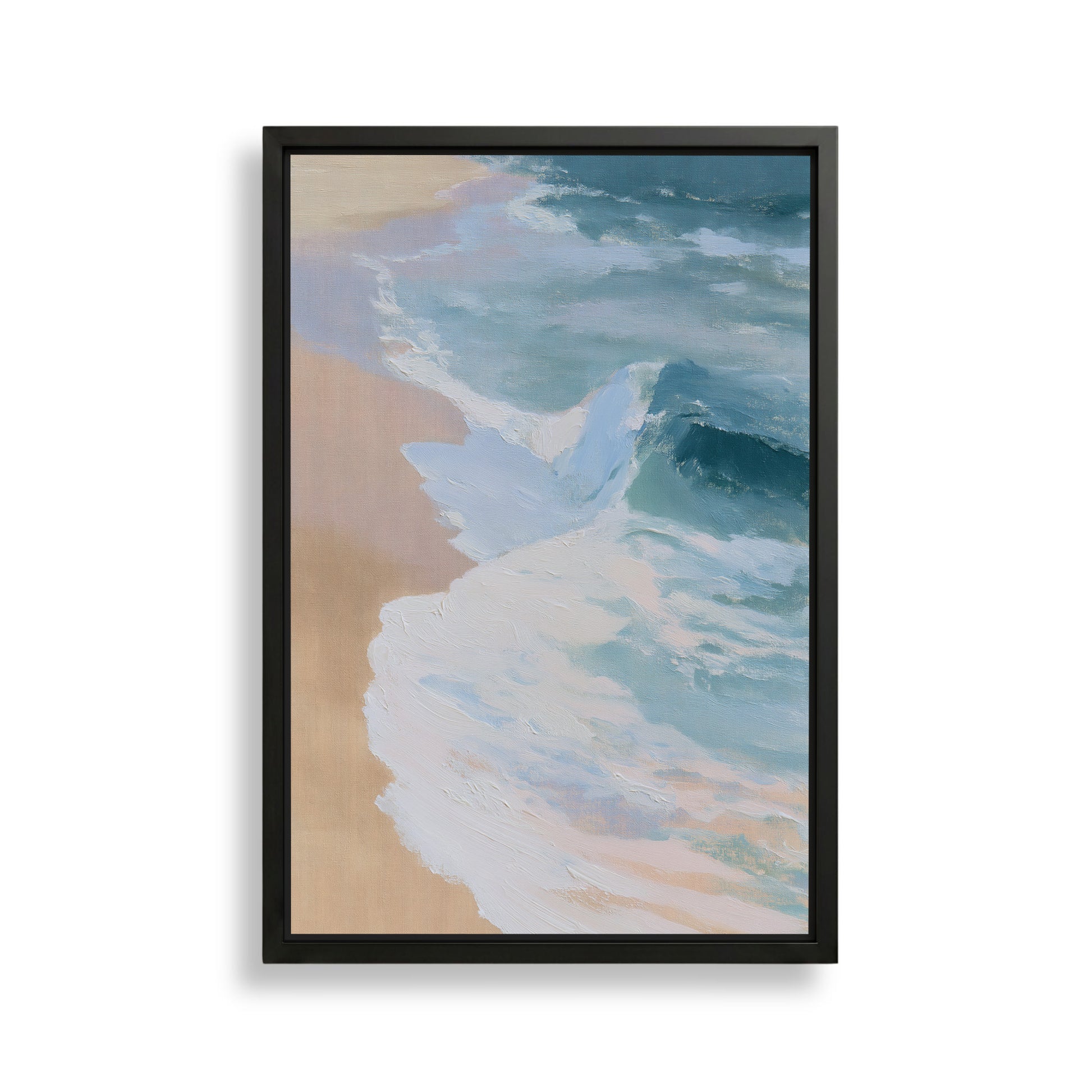 The image is a framed painting depicting a serene beach scene with waves gently lapping against the shore.
