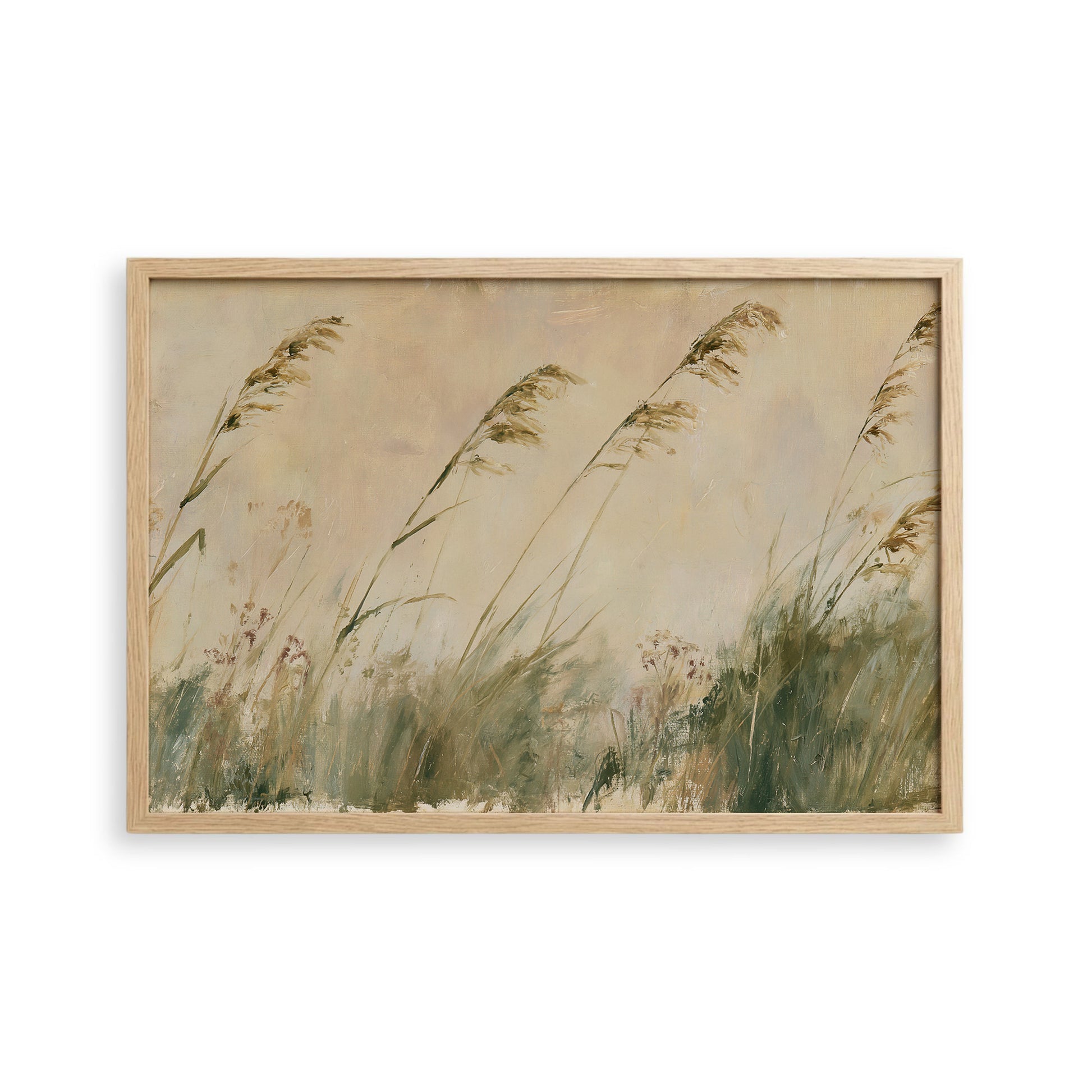 The image is a painting of tall grasses with a pale green color palette, set against a pale green background.