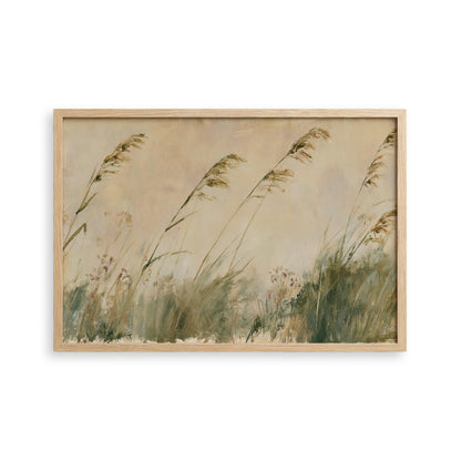 The image is a painting of tall grasses with a pale green color palette, set against a pale green background.