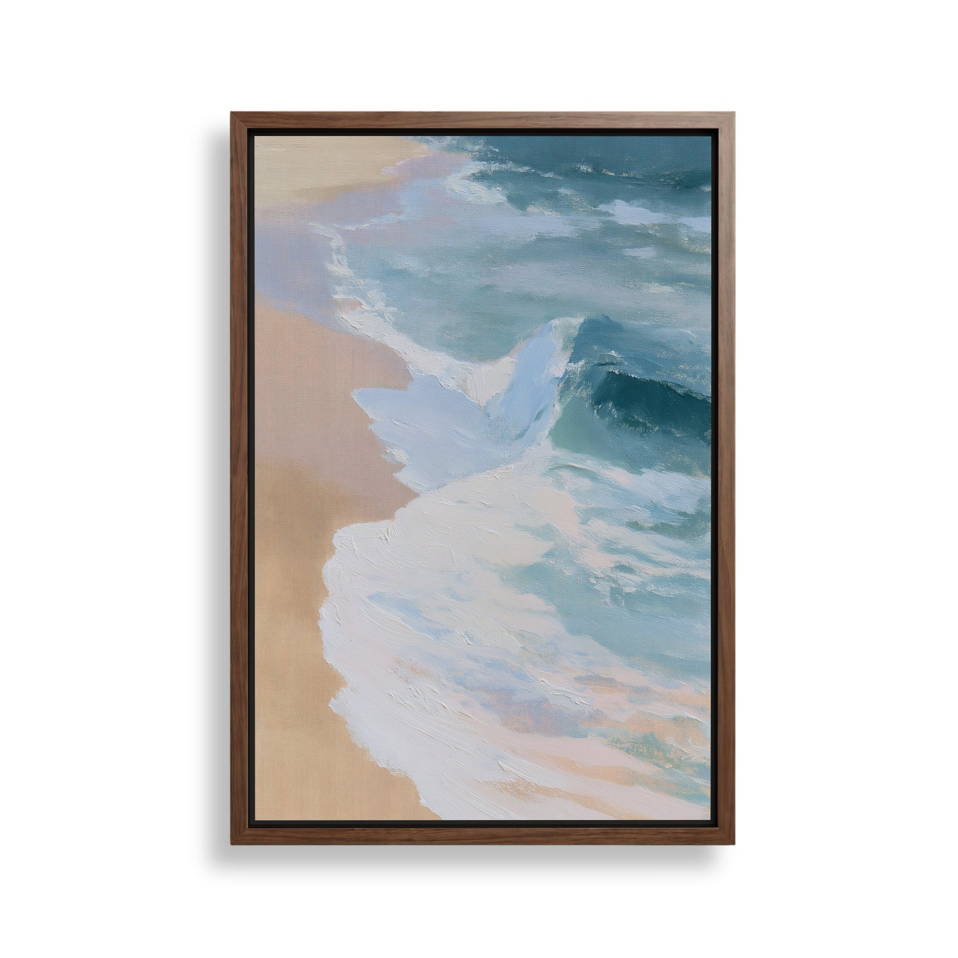 The image is a framed painting depicting a serene beach scene with waves gently lapping against the shore.