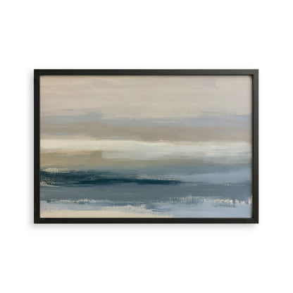 The image is a framed abstract painting depicting a serene landscape with a body of water and a cloudy sky.