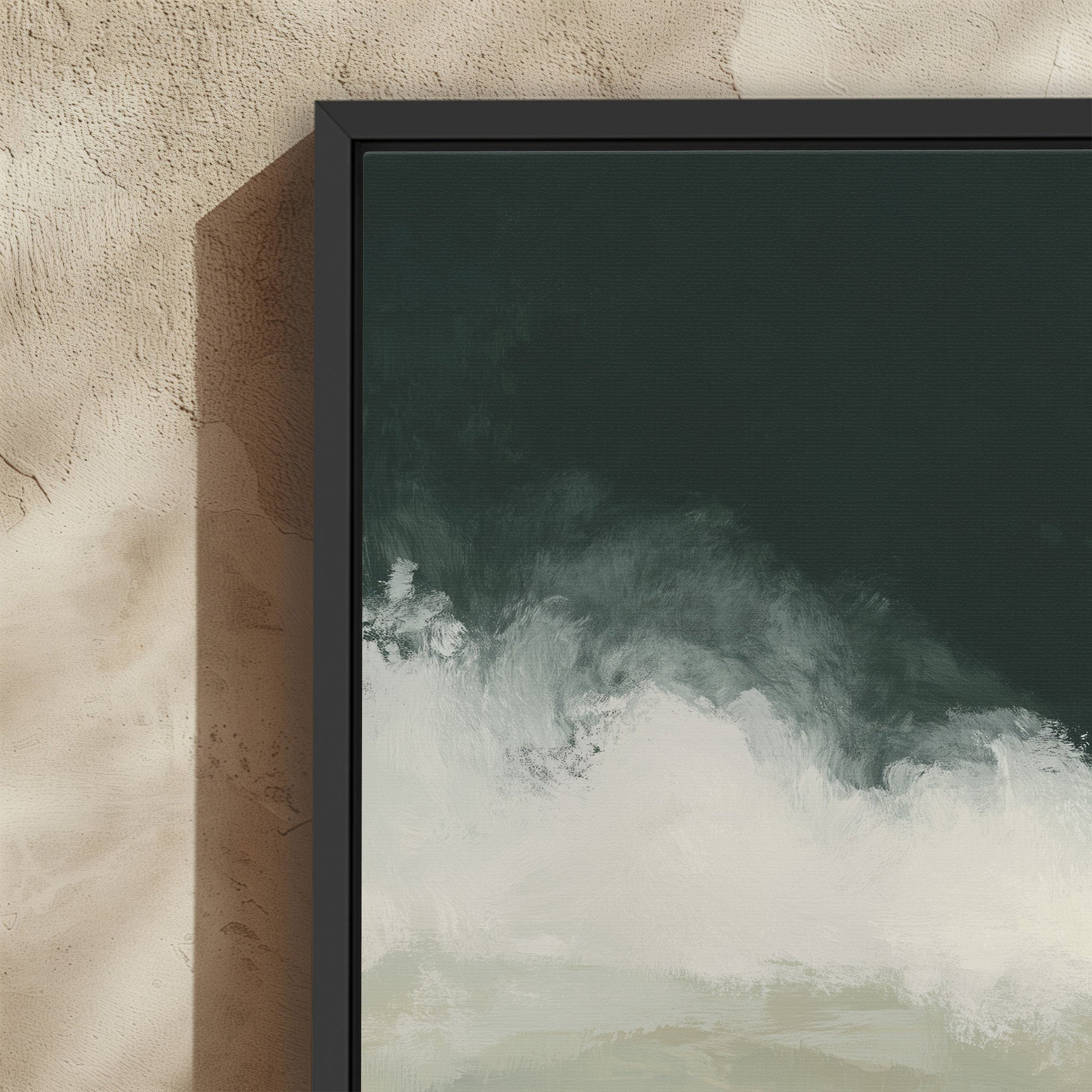 Surge Canvas Wall Art with deep emerald and soft white ocean-inspired abstract waves in a black frame