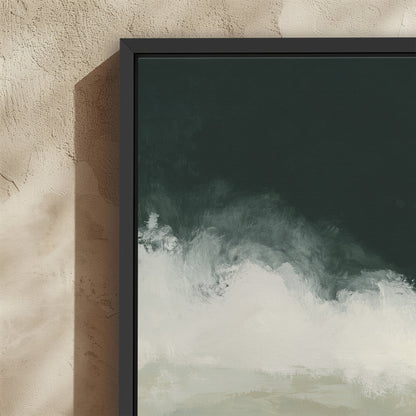 Surge Canvas Wall Art with deep emerald and soft white ocean-inspired abstract waves in a black frame