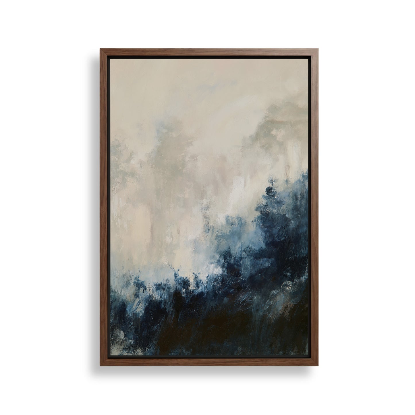 The image is an abstract painting with a predominantly blue and white color palette, featuring a landscape scene with trees and clouds.