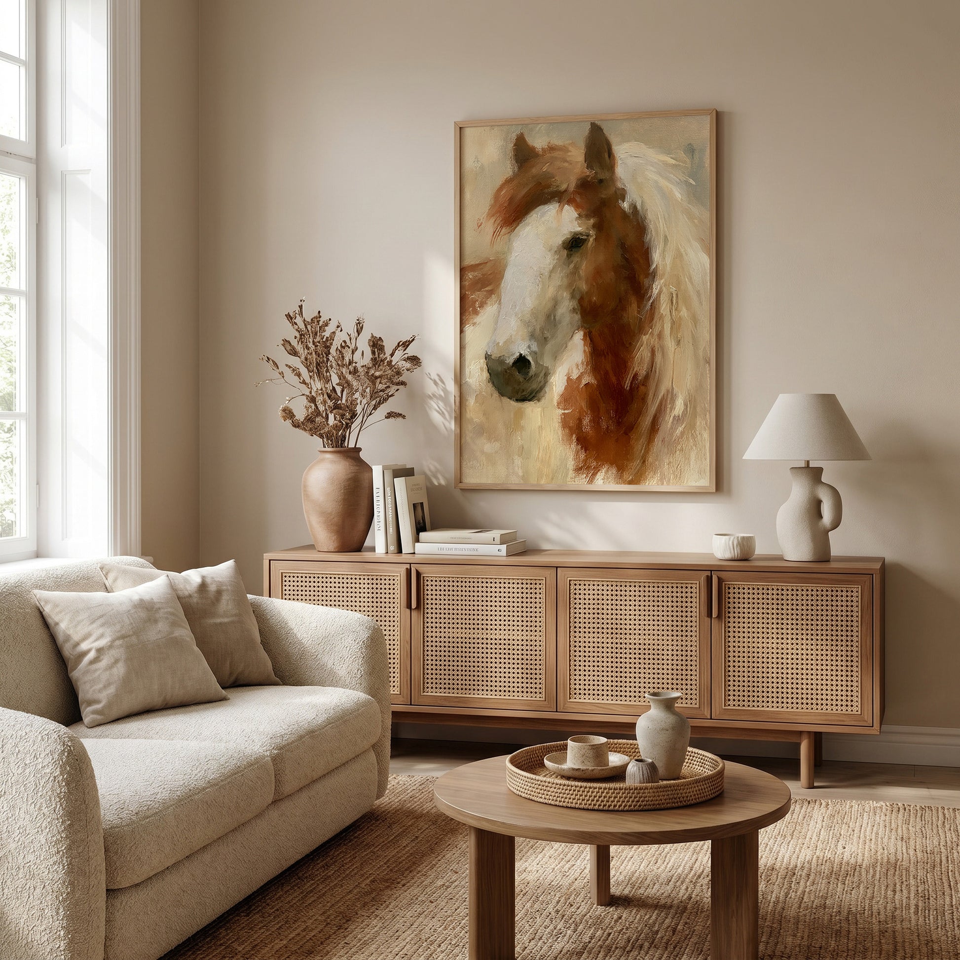 a cozy living room with a large painting of a horse's head on the wall, a beige sofa, a wooden sideboard, and a round coffee table.