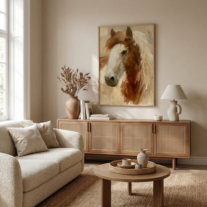 a cozy living room with a large painting of a horse's head on the wall, a beige sofa, a wooden sideboard, and a round coffee table.