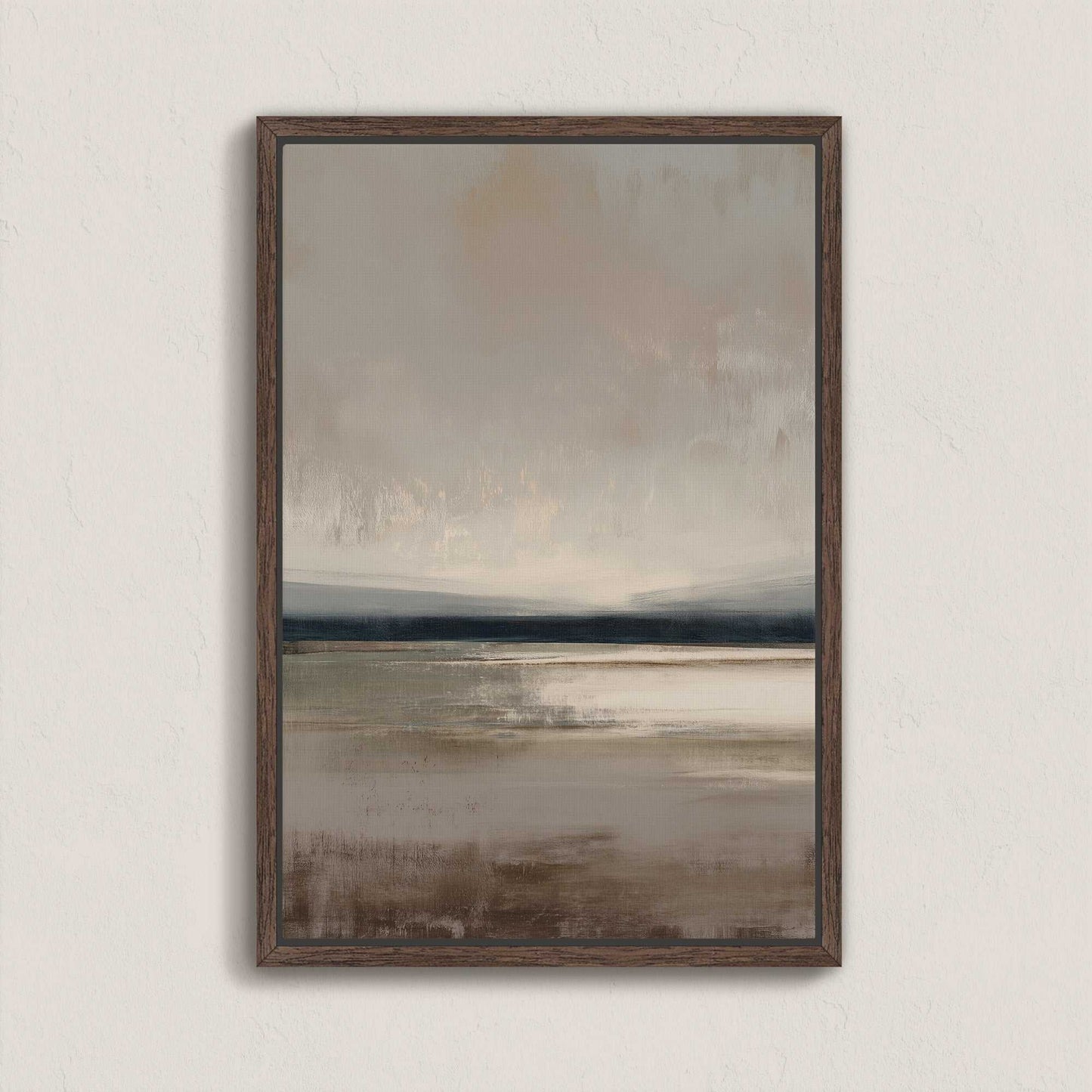 Vast canvas art with taupe, charcoal, and cream gradient landscape in wooden frame