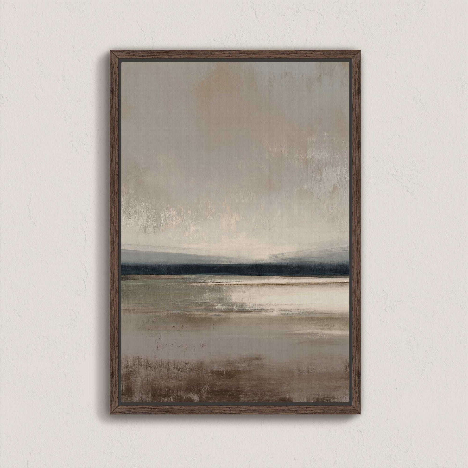 Vast canvas art with taupe, charcoal, and cream gradient landscape in wooden frame