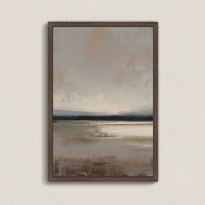 Vast canvas art with taupe, charcoal, and cream gradient landscape in wooden frame