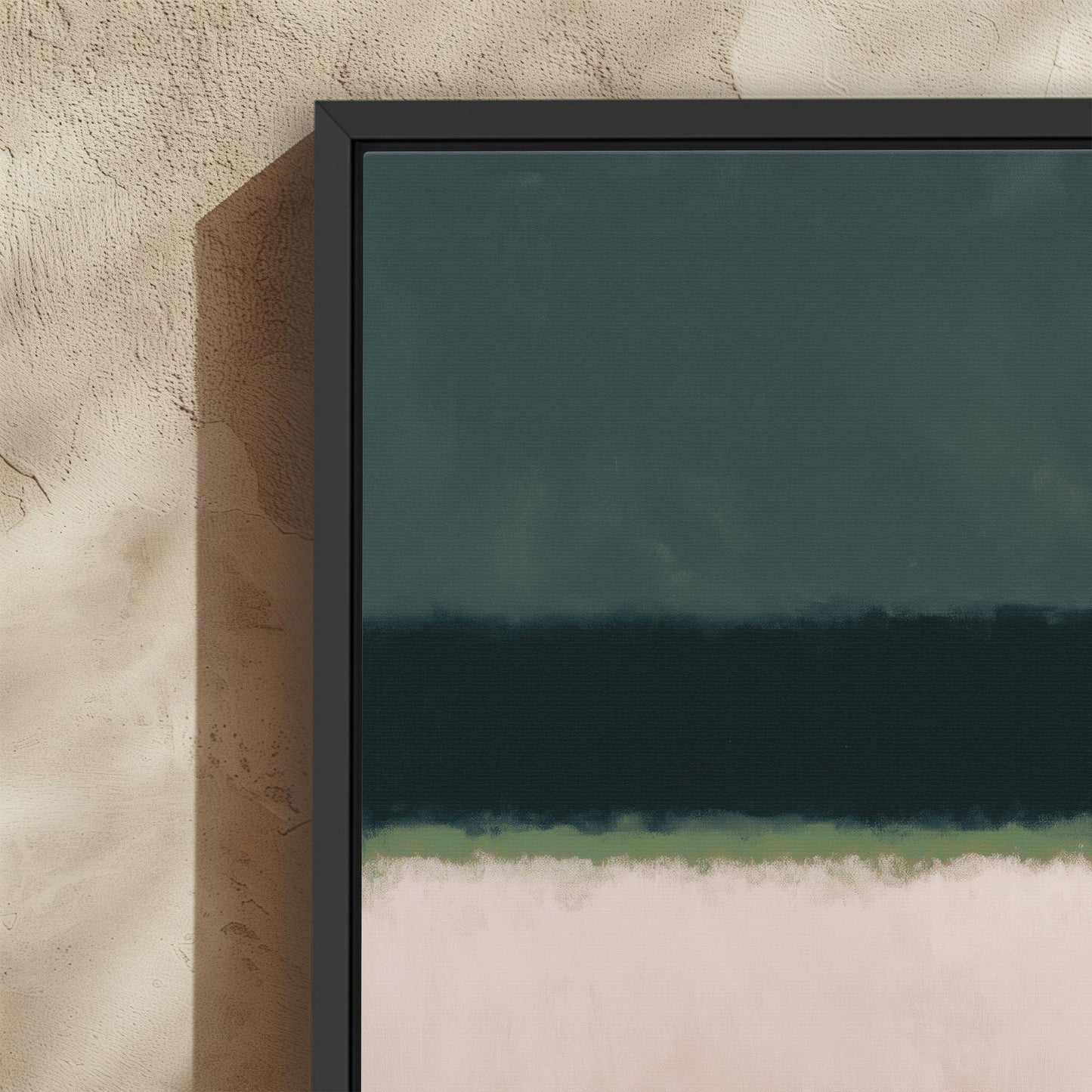 Shade Canvas Print with deep olive and neutral tones, minimal nature-inspired abstract design in black frame