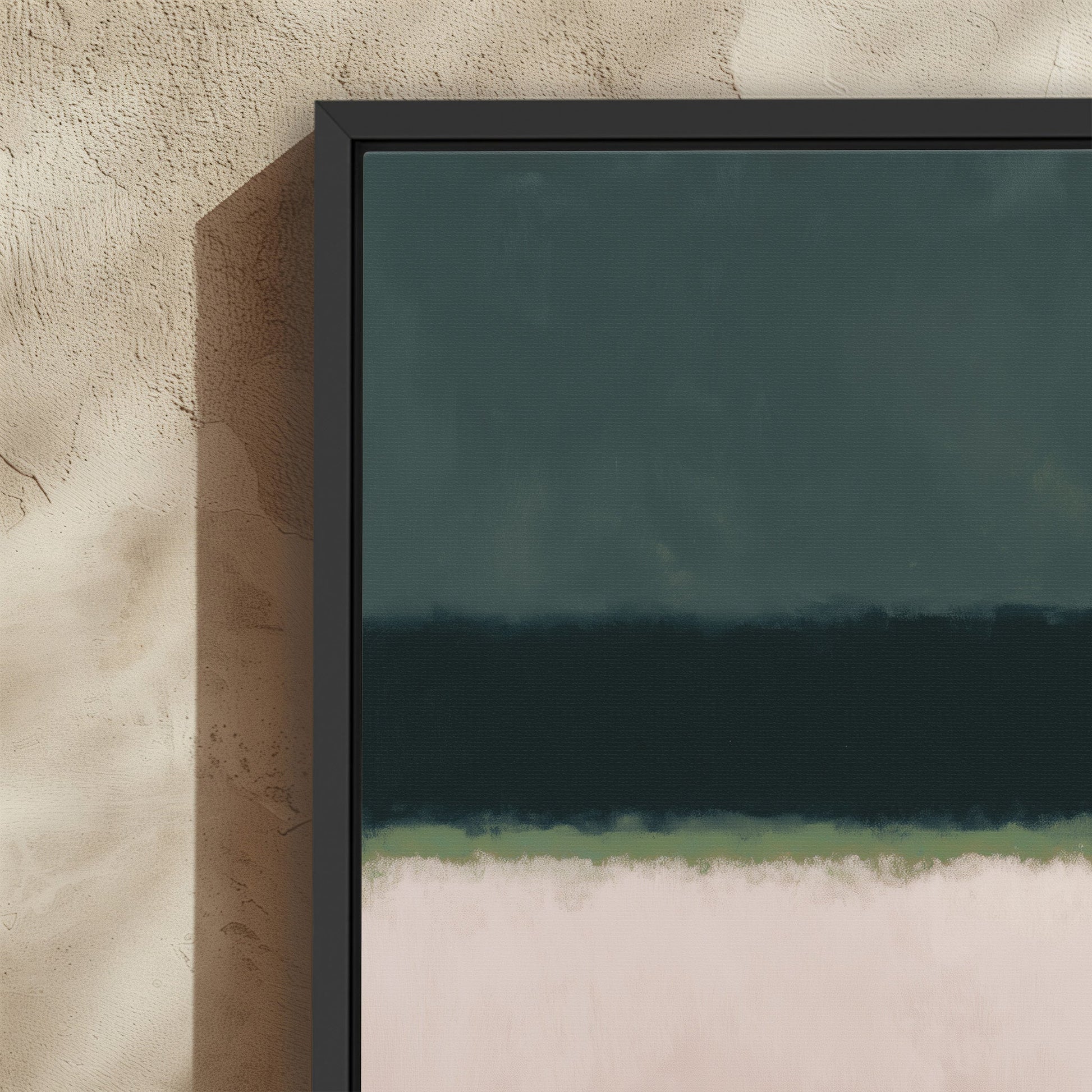 Shade Canvas Print with deep olive and neutral tones, minimal nature-inspired abstract design in black frame