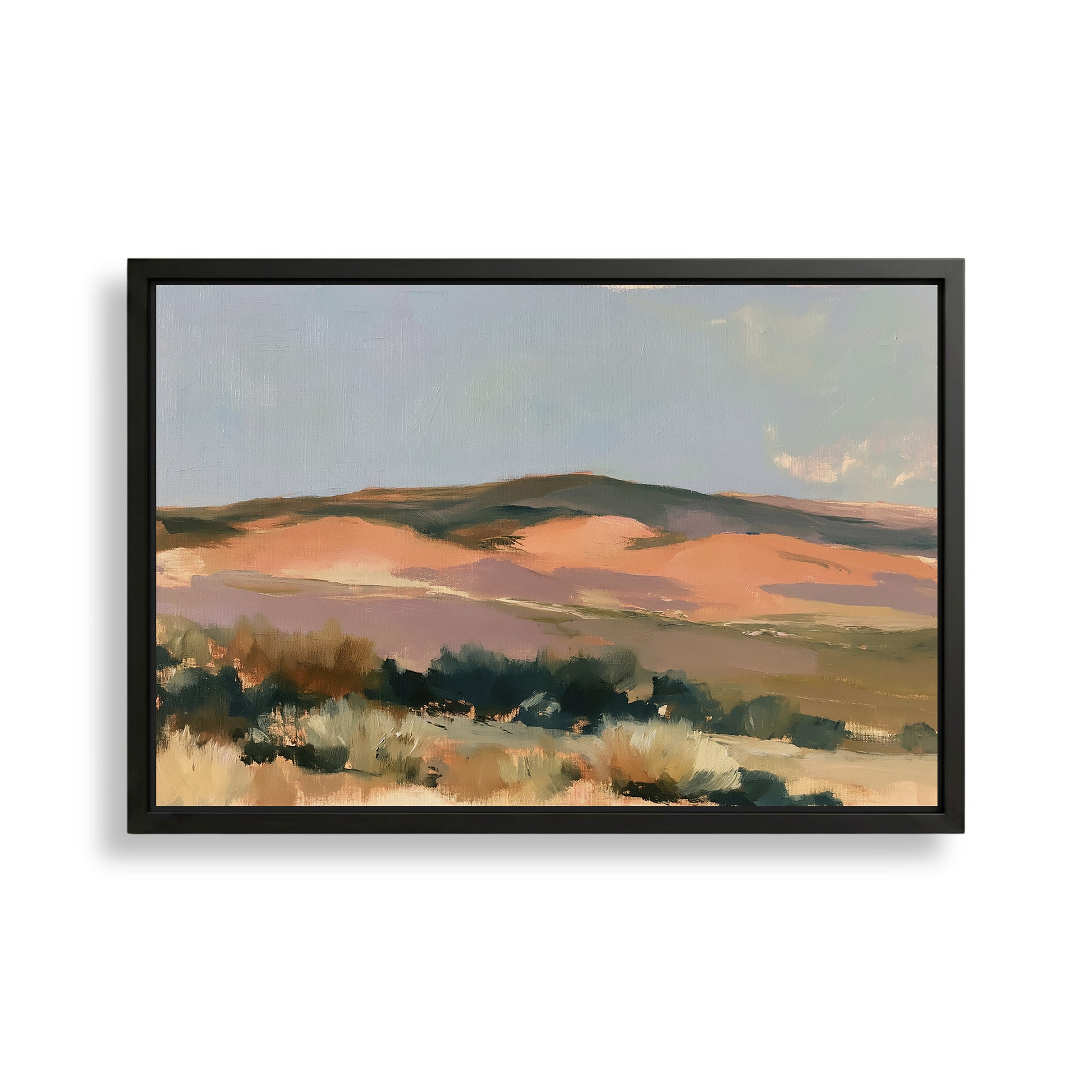 The image is a framed painting depicting a landscape with rolling hills and a clear sky.