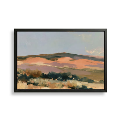 The image is a framed painting depicting a landscape with rolling hills and a clear sky.