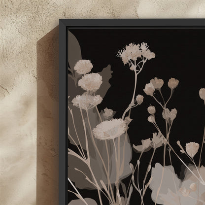 Shadow Bloom Canvas Art featuring neutral wildflowers on a black background in a modern black frame