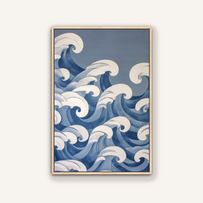 The image is a framed painting depicting a serene ocean scene with large, curling waves in shades of blue and white.