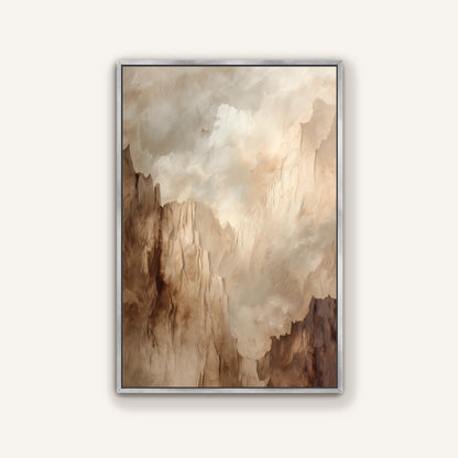The image is a framed painting depicting a landscape with a cloudy sky and rocky mountains.
