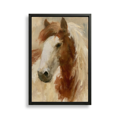 The image is a framed painting depicting the head of a horse, with a predominantly white face and brown mane.