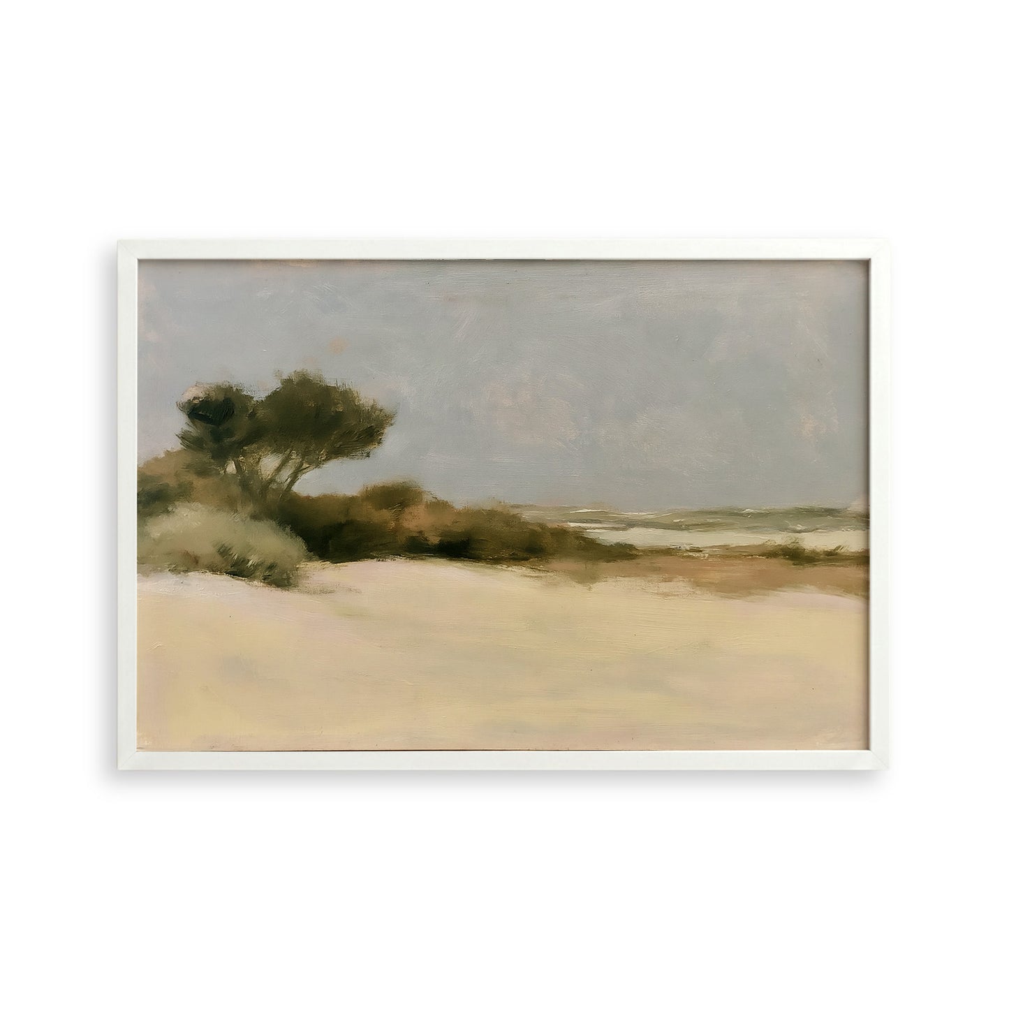The image is a landscape painting depicting a serene beach scene with a clear sky and a few trees in the background.