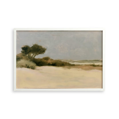 The image is a landscape painting depicting a serene beach scene with a clear sky and a few trees in the background.