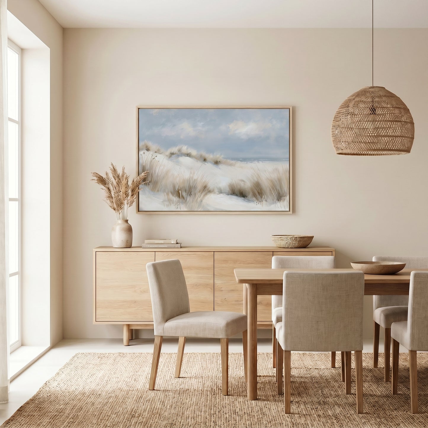 a modern dining room with a large painting of a beach scene hanging on the wall above a wooden table and chairs.