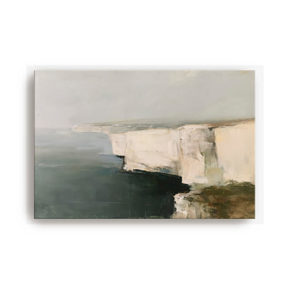 The image is an abstract painting depicting a cliff or rocky coastline with a dark green or black background.