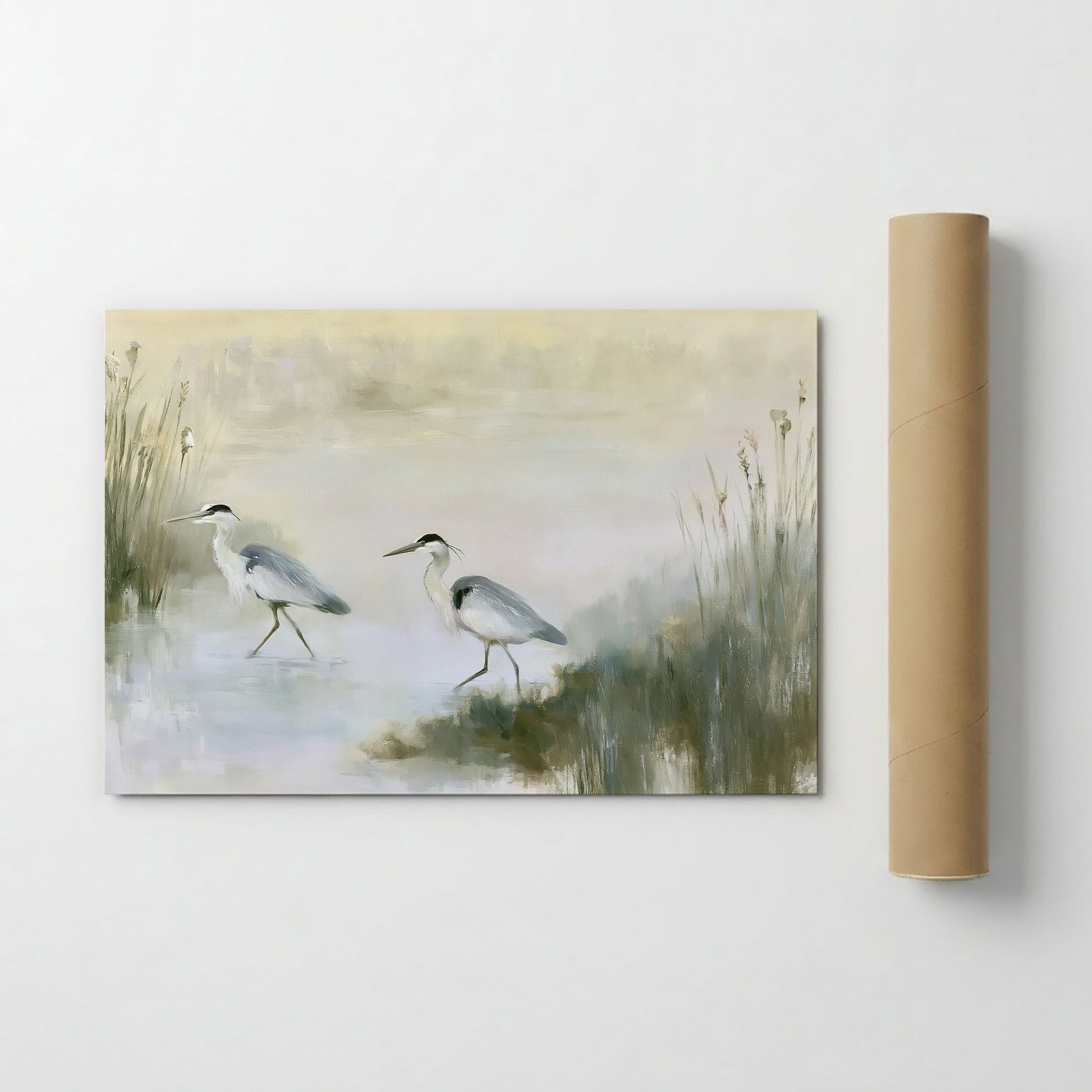 two birds standing in a body of water, surrounded by tall grasses.
