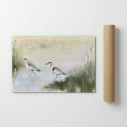 two birds standing in a body of water, surrounded by tall grasses.