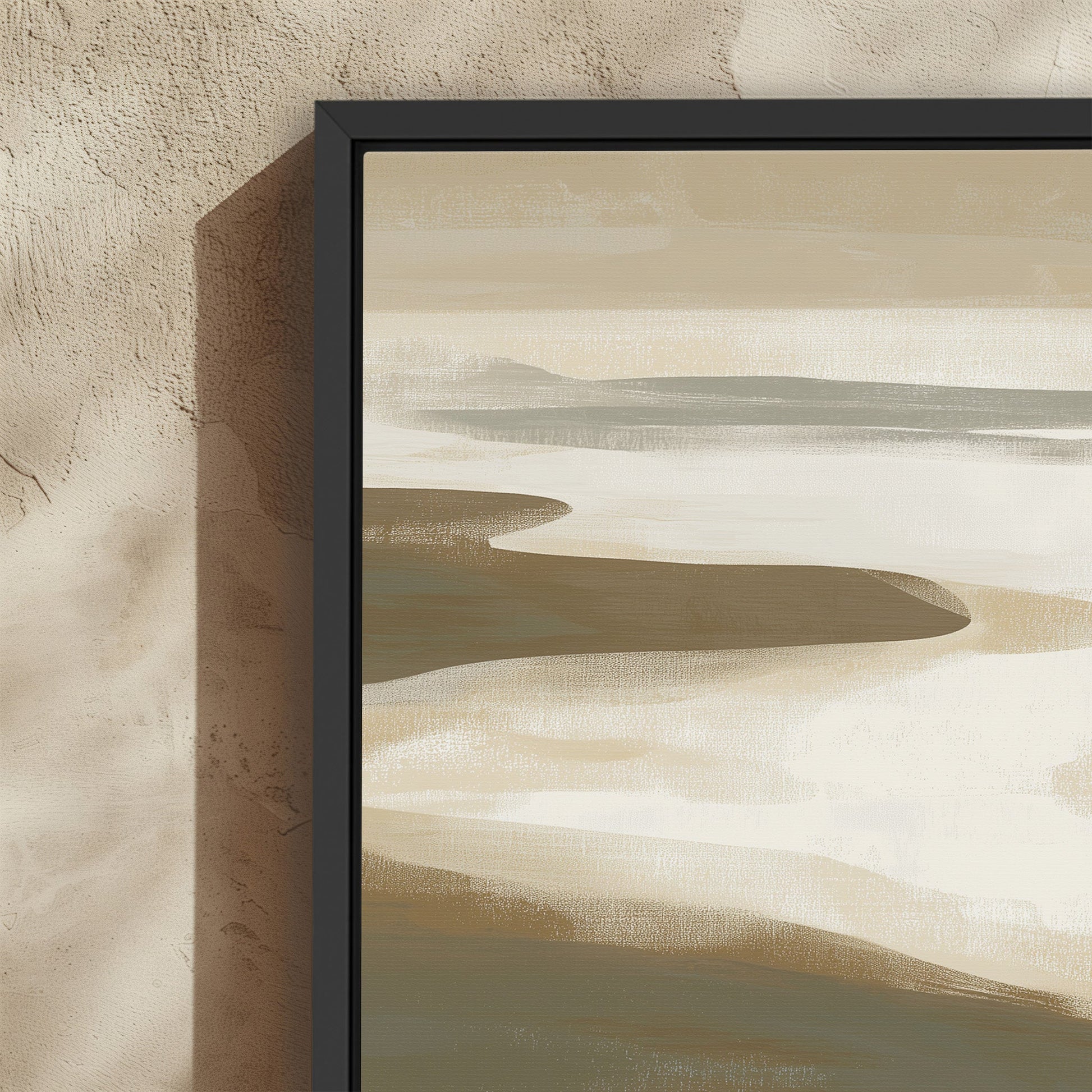 Emie Canvas Print featuring a tranquil coastal landscape in beige, ivory, and olive tones with a black floating frame.