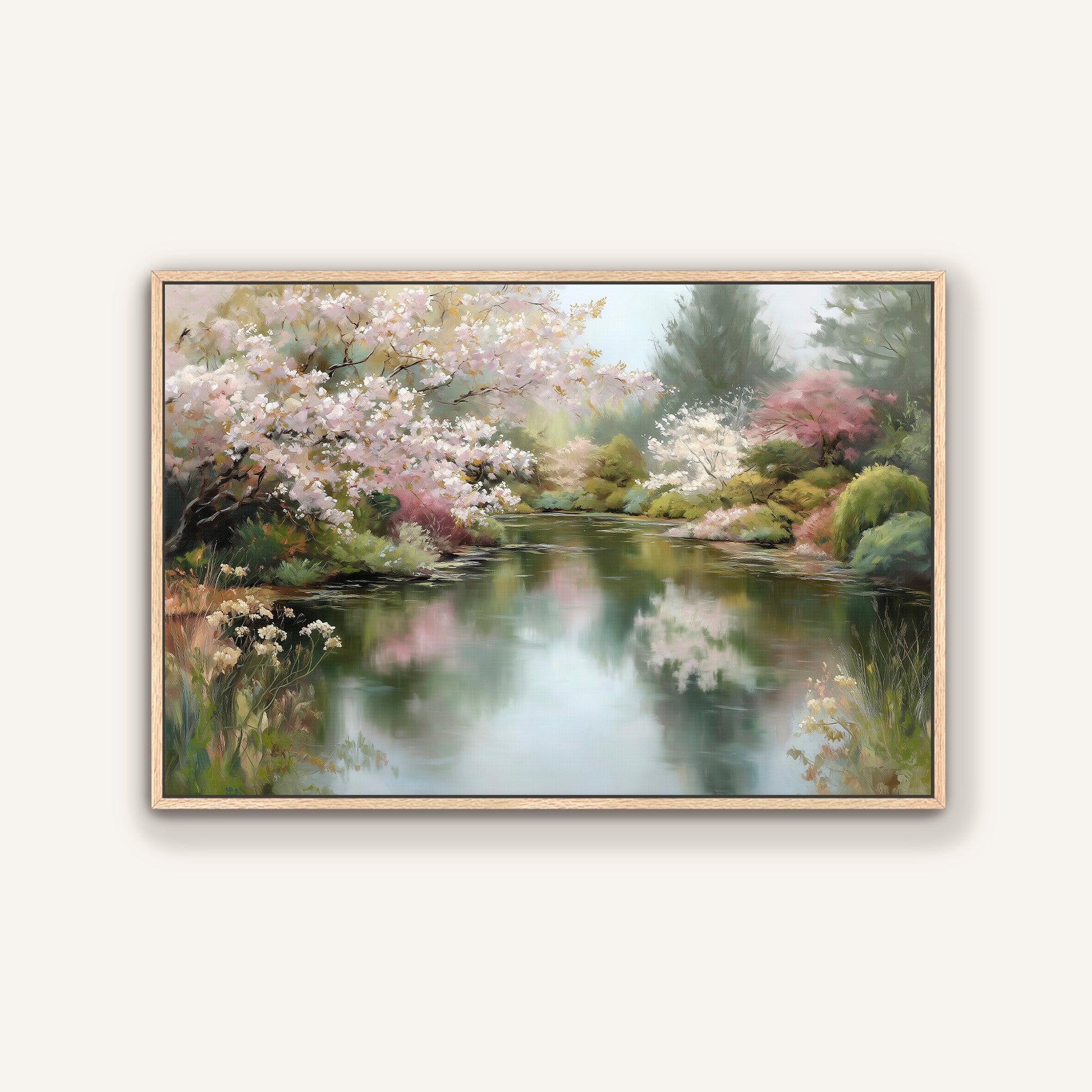 A serene landscape painting depicting a tranquil pond surrounded by blooming trees and lush greenery.